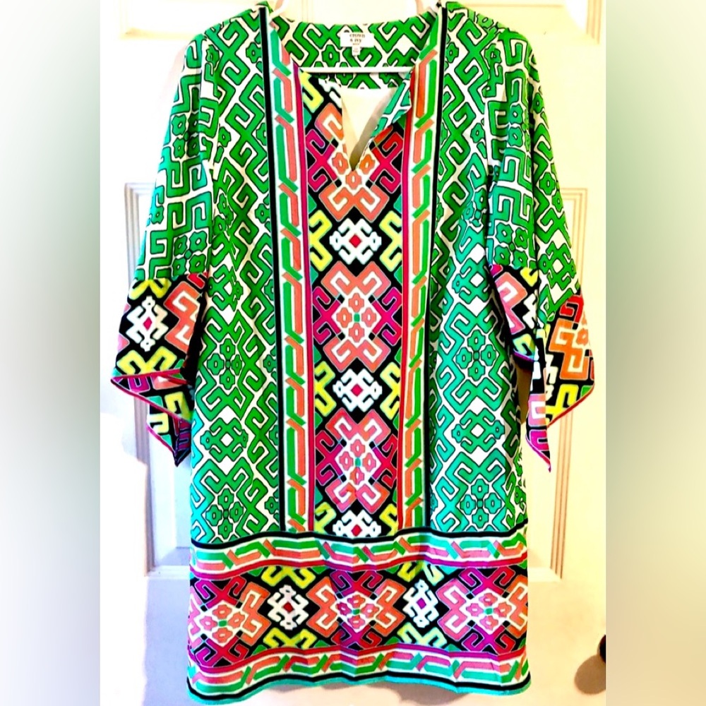 Crown & Ivy Green White Pink Greek Key Point Sleeve Mini Dress 8P Petite Medium